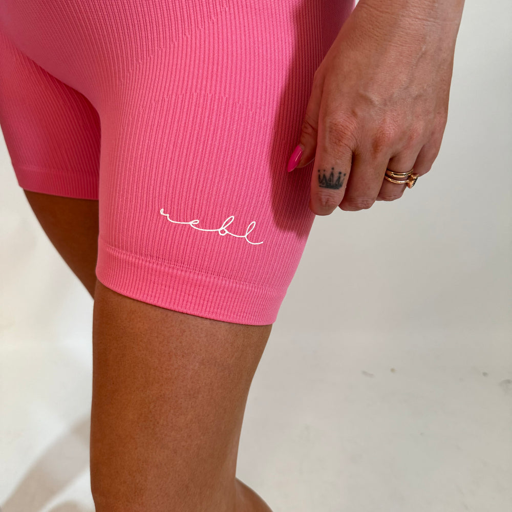 Luxe Bubblegum Pink r.e.b.l Logo High Waisted Ribbed Shorts