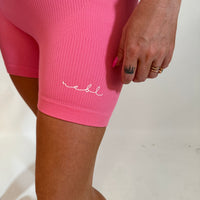 Load image into Gallery viewer, Luxe Bubblegum Pink r.e.b.l Logo High Waisted Ribbed Shorts