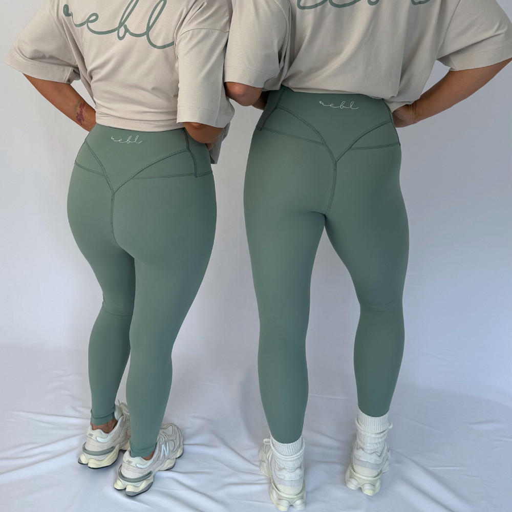 ButterSilk r.e.b.l Sage with Stone Logo High Waisted Contour Seam Leggings