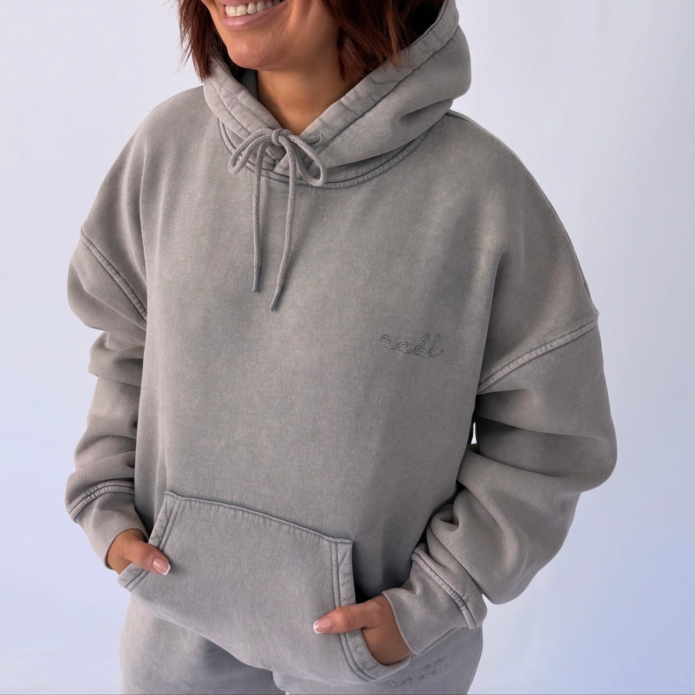 r.e.b.l Signature Cool Grey Acid Wash Luxe Hoodie