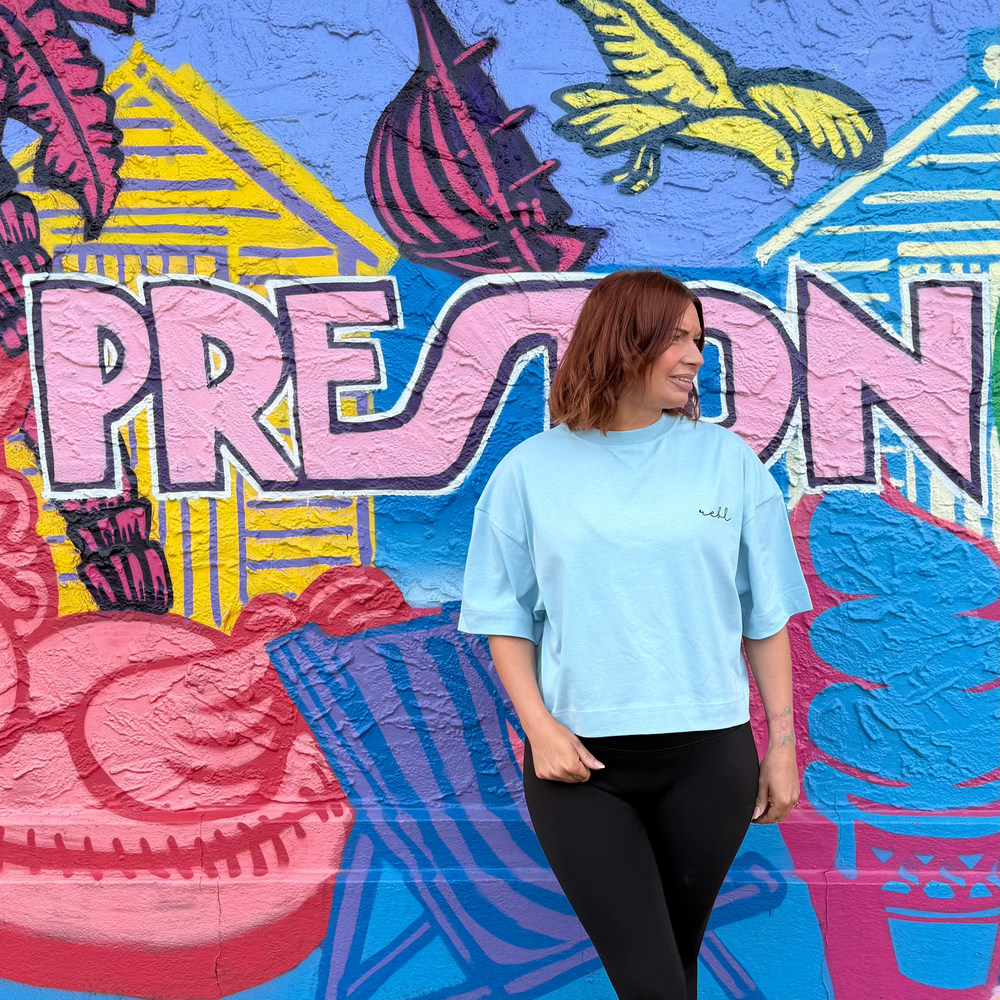 r.e.b.l Icy Sky Blue Crewneck 'Boxy Edit' Crop T-Shirt