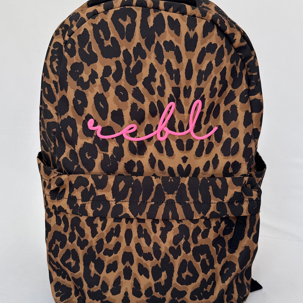 REBL Leopard Backpack with Matt Fluorescent Pink Embroidered Logo