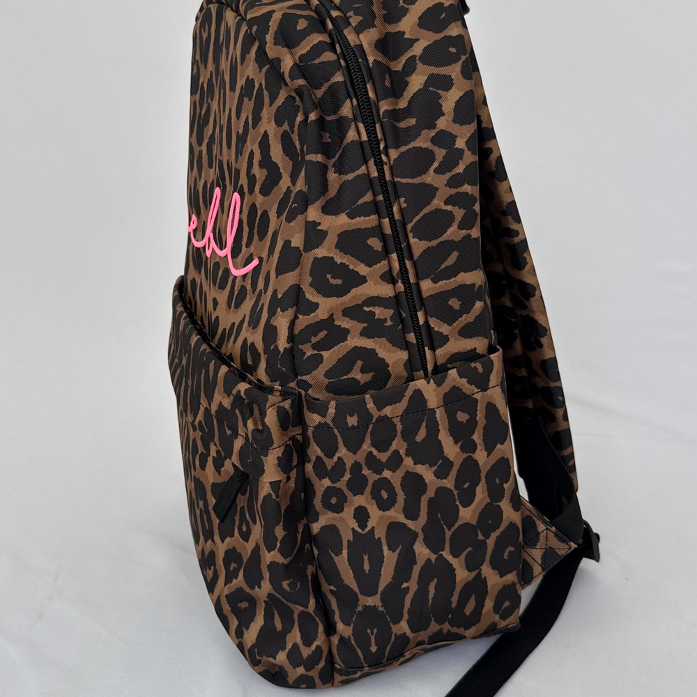 REBL Leopard Backpack with Matt Fluorescent Pink Embroidered Logo
