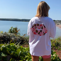 Load image into Gallery viewer, r.e.b.l White Full Length 'Leopard Lips' Szabotage Collab Boxy Full Length T-Shirt
