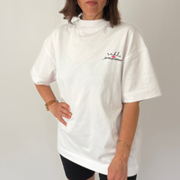 Load image into Gallery viewer, r.e.b.l White Full Length 'Leopard Lips' Szabotage Collab Boxy Full Length T-Shirt
