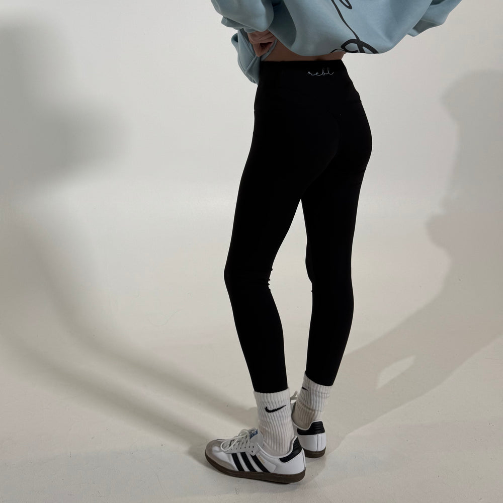 ButterSilk r.e.b.l Icy Sky Blue Logo High Waisted Contour Seam Black Leggings