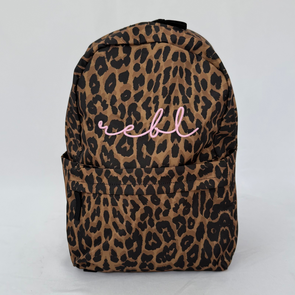REBL Leopard Backpack with Elderberry Embroidered Logo