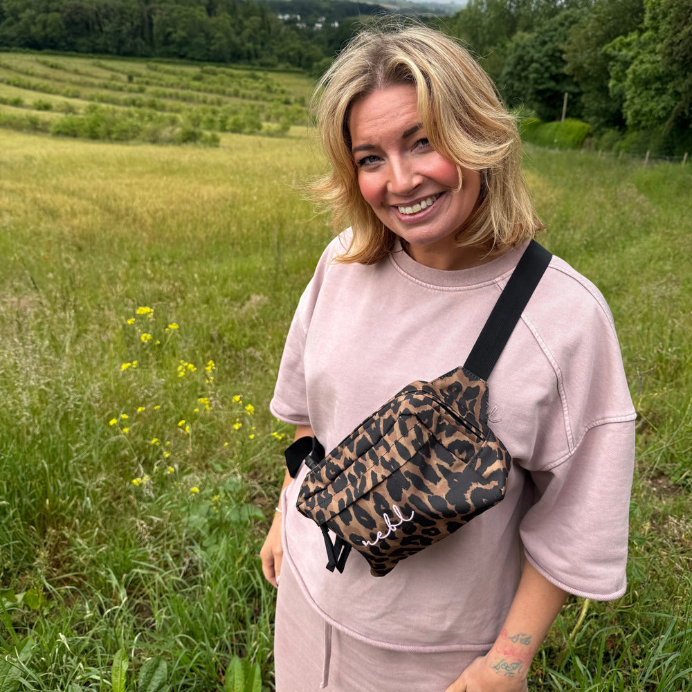 REBL Leopard Crossbody Bag with Elderberry Embroidered Logo