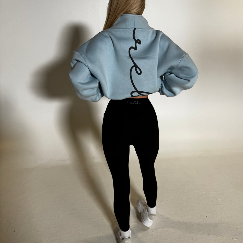 ButterSilk r.e.b.l Icy Sky Blue Logo High Waisted Contour Seam Black Leggings