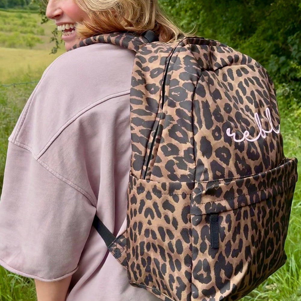 REBL Leopard Backpack with Elderberry Embroidered Logo