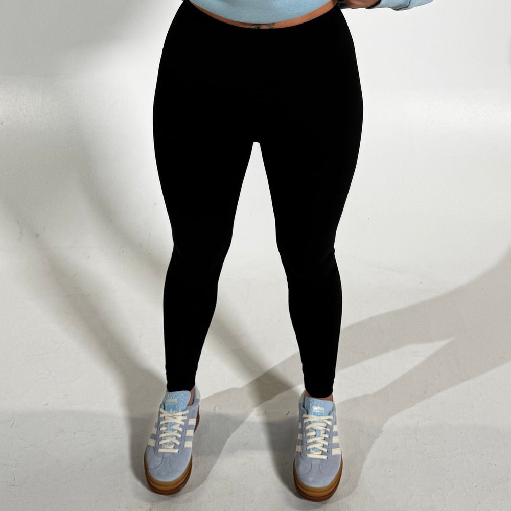 ButterSilk r.e.b.l Icy Sky Blue Logo High Waisted Contour Seam Black Leggings