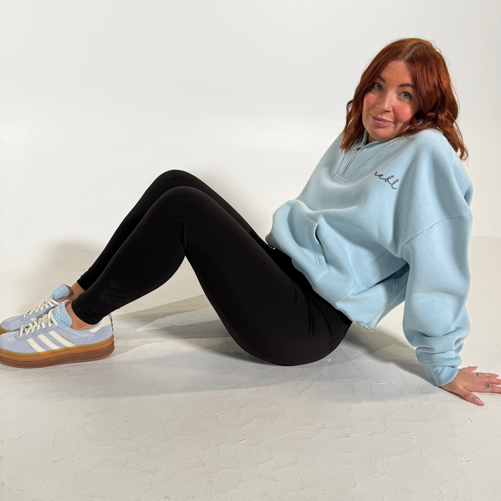 ButterSilk r.e.b.l Icy Sky Blue Logo High Waisted Contour Seam Black Leggings