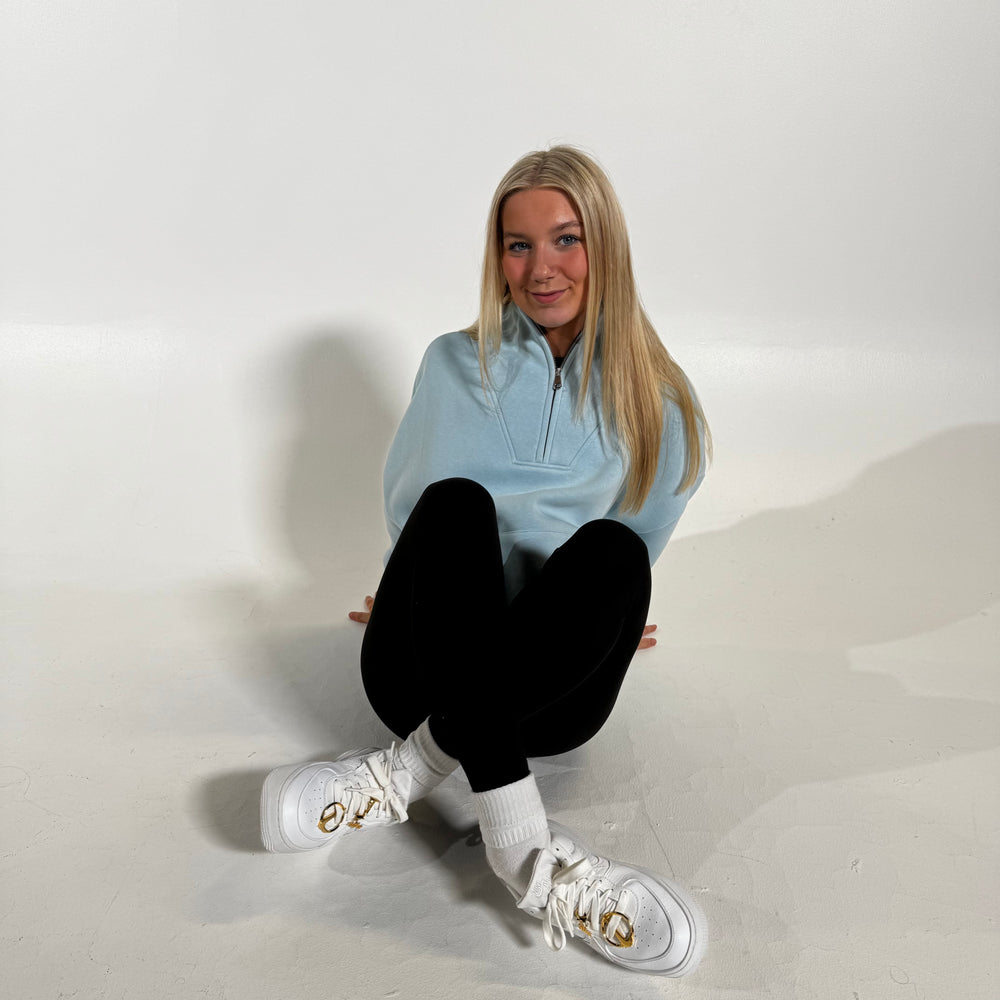 ButterSilk r.e.b.l Icy Sky Blue Logo High Waisted Contour Seam Black Leggings