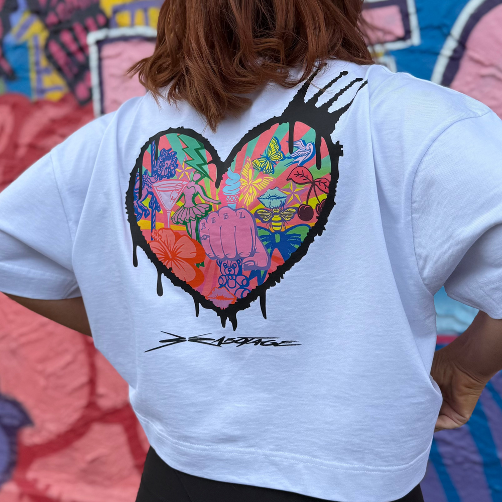 r.e.b.l White Graphic Szabotage Collab Boxy Cropped T-Shirt