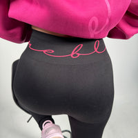 Load image into Gallery viewer, Luxe Cranberry r.e.b.l Logo High Waisted Ribbed Black Leggings
