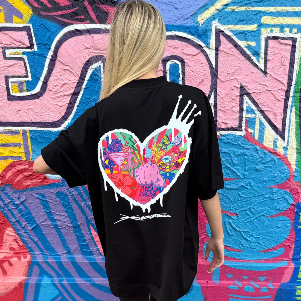 r.e.b.l Black Graphic Szabotage Collab Boxy Oversized T-Shirt