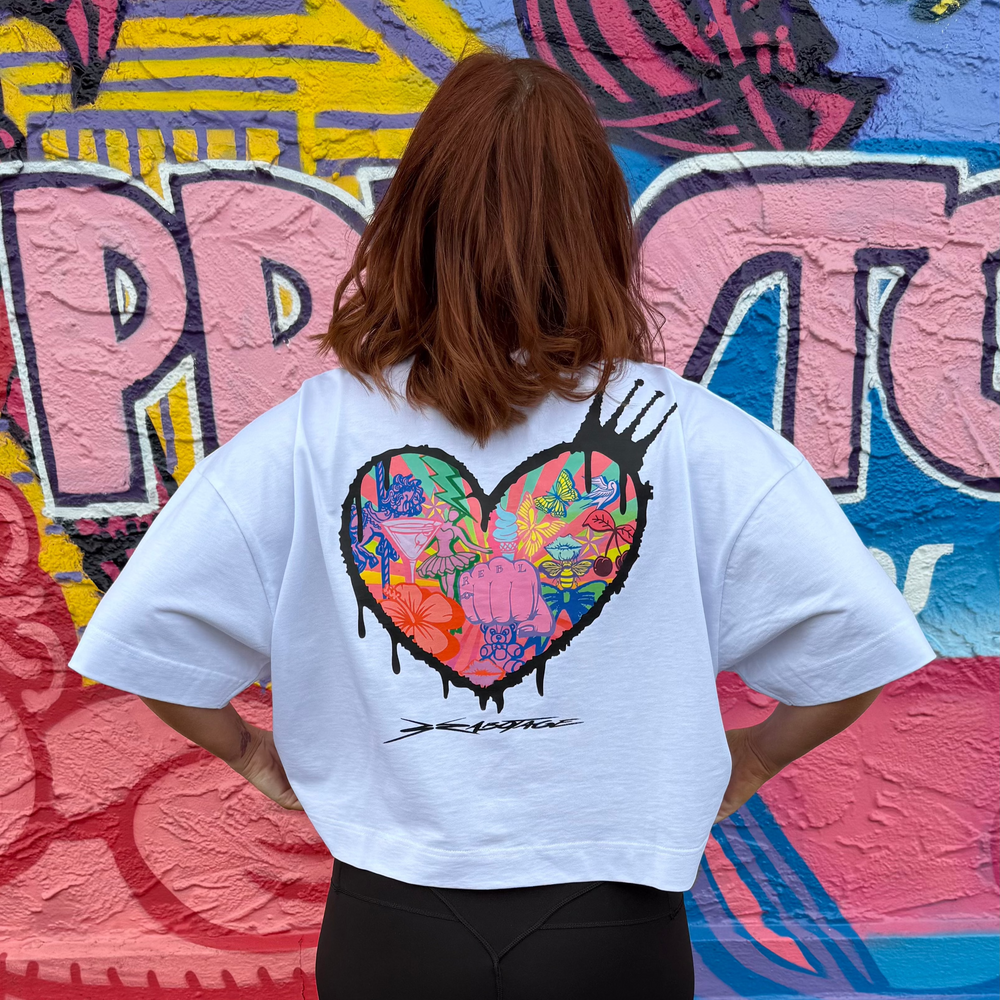 r.e.b.l White Graphic Szabotage Collab Boxy Cropped T-Shirt