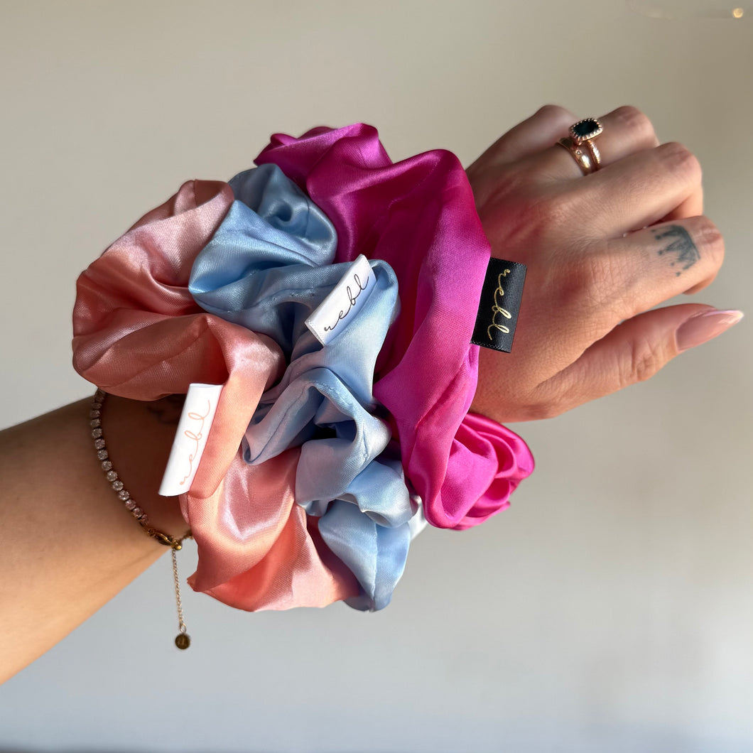REBL Statement Silk Scrunchie BUNDLE OF 3 in Hot Pink, Icy Blue & Apricot