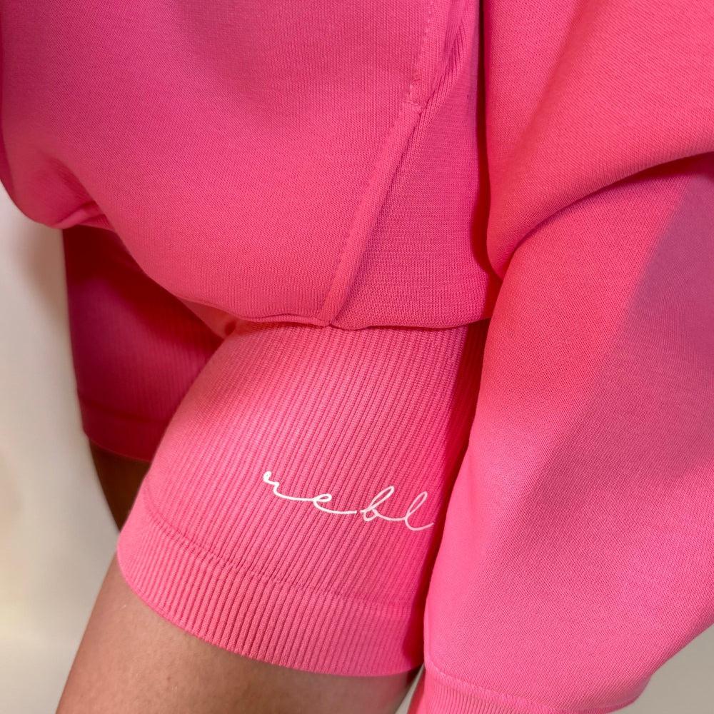 Luxe Bubblegum Pink r.e.b.l Logo High Waisted Ribbed Shorts